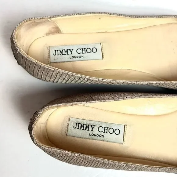 Jimmy Choo WRAY Ballet Flats Printed Leather Nude Gold Logo Medallion Italy US 7